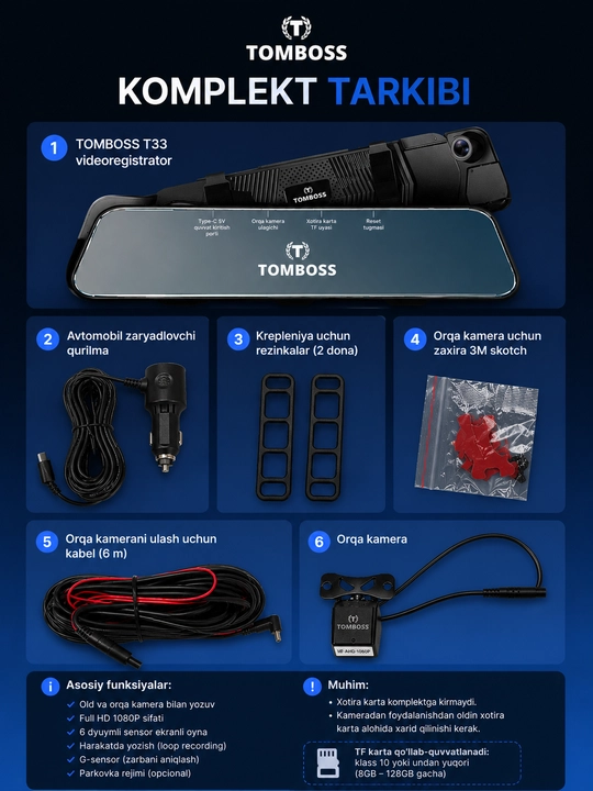 TOMBOSS T33 Смарт Видеорегистратор – WiFi, Full HD 1080P, 3 Камеры