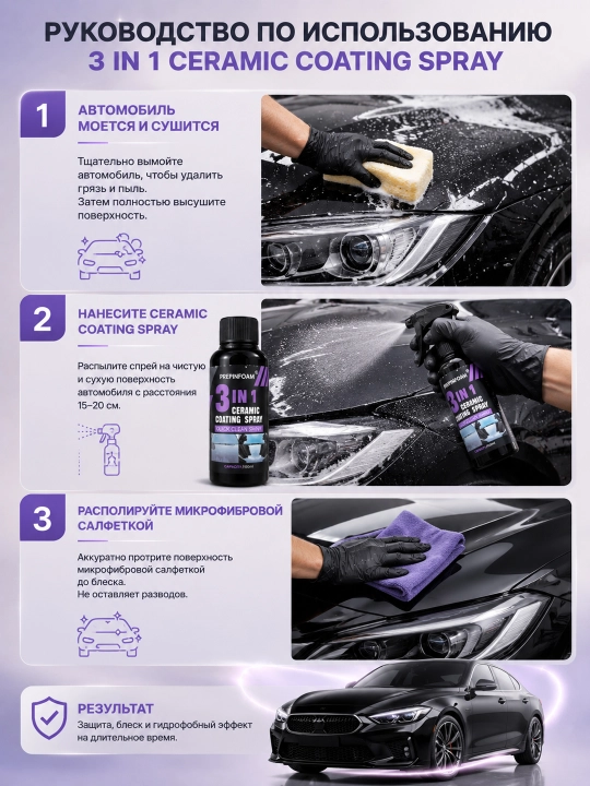 3 in 1 Ceramic Coating Spray – Avtomobil uchun keramik himoya va yaltiroq qoplama spreyi
