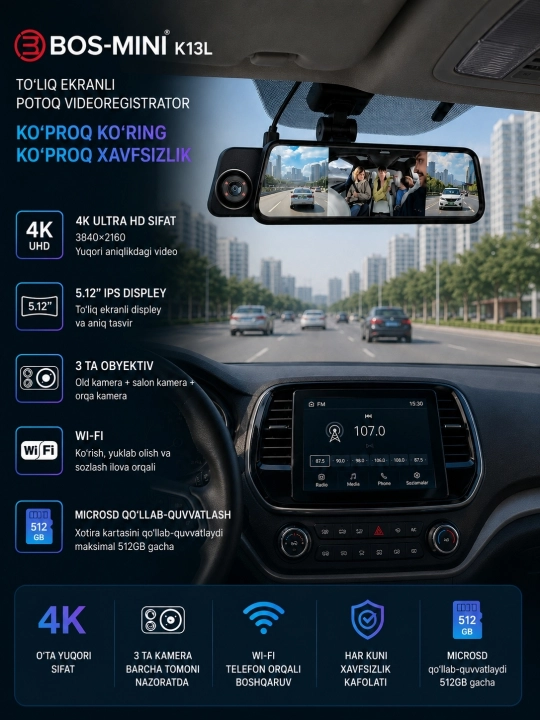 BOS-MINI K13L 4K Wi-Fi видеорегистратор – 3 камеры, IPS Display, 512GB