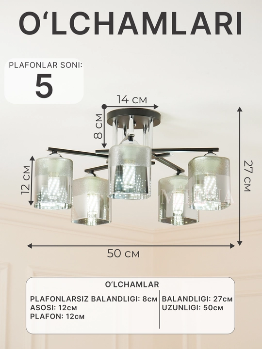 Shift uchun lyustra, 3 xil o‘lcham, E27 patron, oshxona, yotoqxona, kalidor, mehmonxona