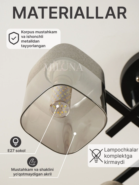 Shift uchun lyustra, 3 xil o‘lcham, E27 patron, oshxona, yotoqxona, kalidor, mehmonxona