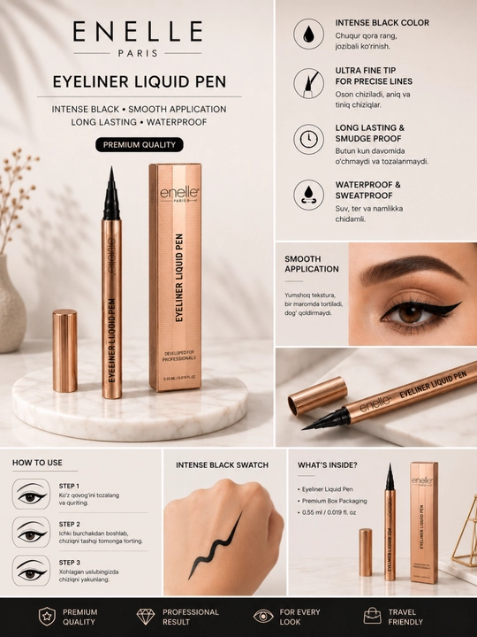 Enelle Paris Suyuq aylaner (Eyeliner), suvga chidamli va chuqur qora rang, 1.0 ml
