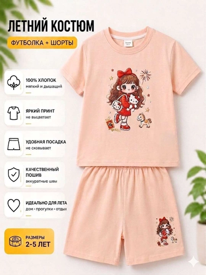 Bolalar uchun yozgi kostyum futbolka va shortik to‘plami, 100% paxta, 2-8 yosh - 