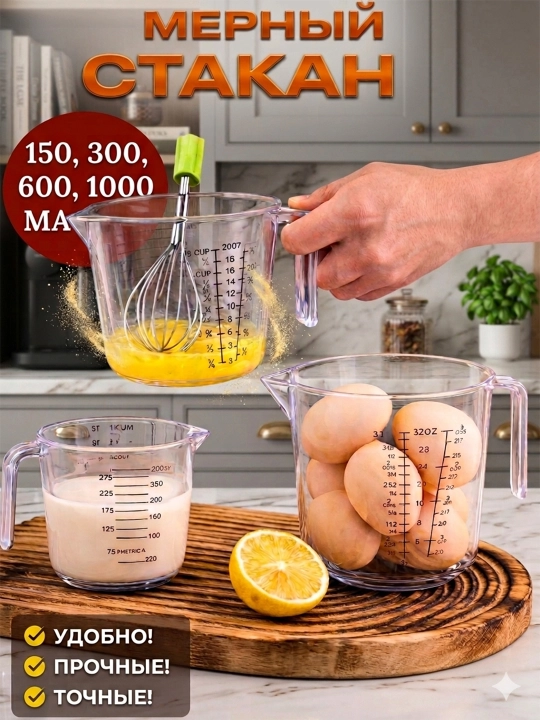 Акриловые мерные стаканы, 150/300/600/1000 мл, для кухни, для жидкостей и круп - 