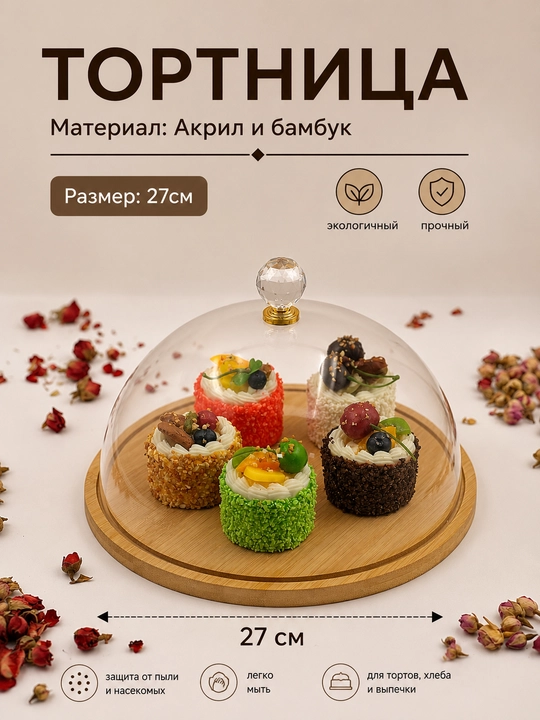 Премиальная тортница и хлебница из акрила и бамбука с крышкой - 