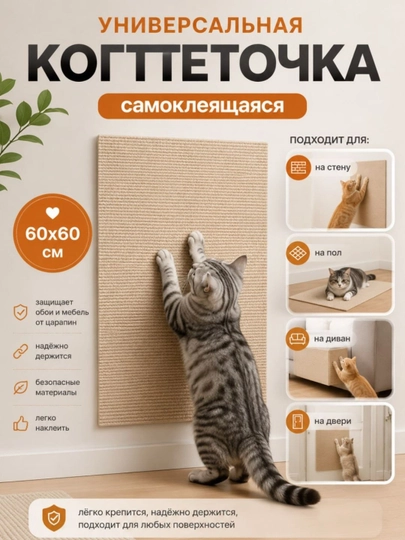 Универсальная самоклеящаяся когтеточка для кошек 60x60 см – защита мебели и стен