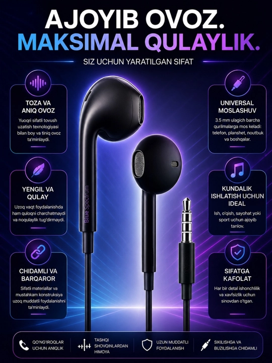 Simli Quloqchin 3.5mm Stereo Naushnik Mikrofonli Android iPhone uchun