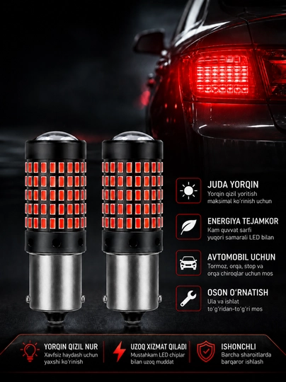 Avtomobil uchun 1 va 2 kontakt LED chiroq lampasi, 2 dona, stop va tormoz chiroqlari uchun