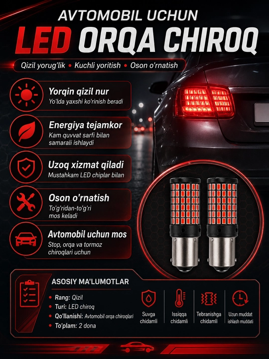 Avtomobil uchun 1 va 2 kontakt LED chiroq lampasi, 2 dona, stop va tormoz chiroqlari uchun