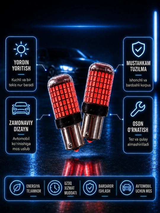 Avtomobil uchun 1 va 2 kontakt LED chiroq lampasi, 2 dona, stop va tormoz chiroqlari uchun