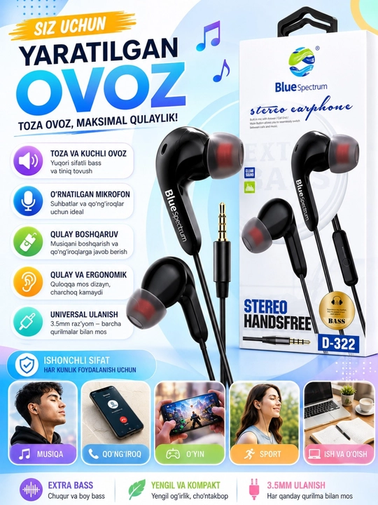 Simli Quloqchin 3.5mm Stereo Naushnik Mikrofonli Android iPhone uchun