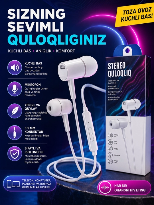 Simli Quloqchin 3.5mm Stereo Naushnik Mikrofonli Android iPhone uchun - 