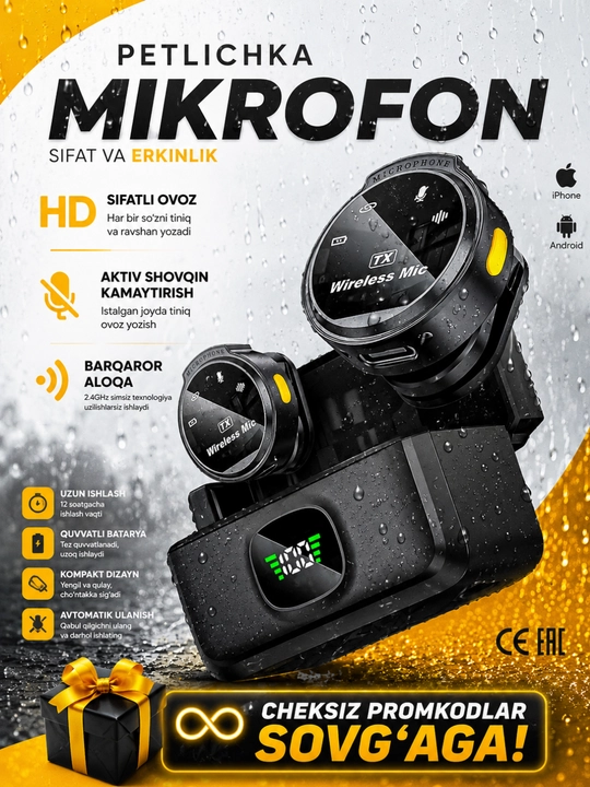 Simsiz petlichka mikrofon telefon uchun Type-C / Lightning, kontent va intervyu uchun