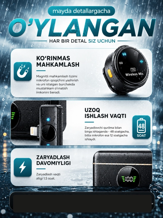 Simsiz petlichka mikrofon telefon uchun Type-C / Lightning, kontent va intervyu uchun