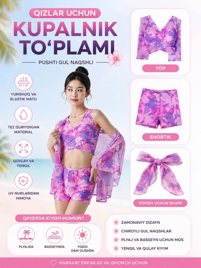 3 qismli kupalnik, ayollar cho‘milish kiyimi, plyaj kiyimi, bikini to‘plam - 