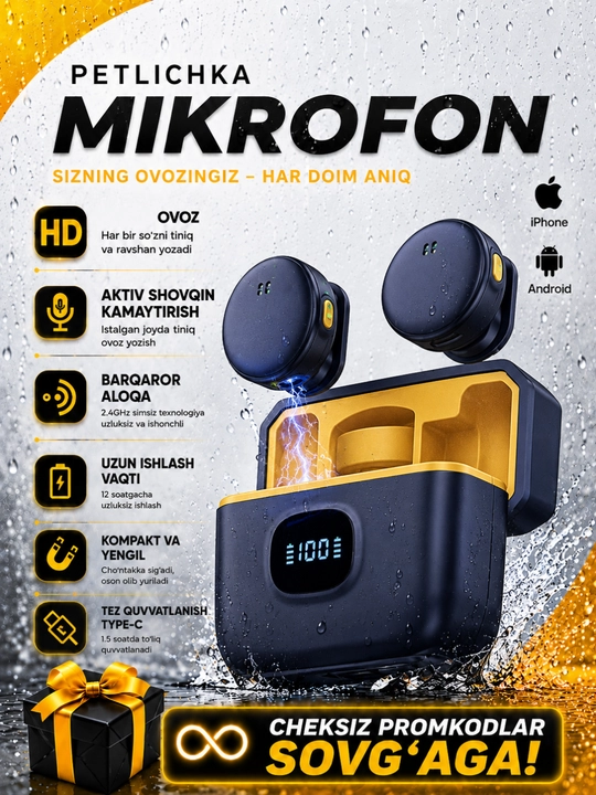 Simsiz petlichka mikrofon telefon uchun Type-C / Lightning, kontent va intervyu uchun