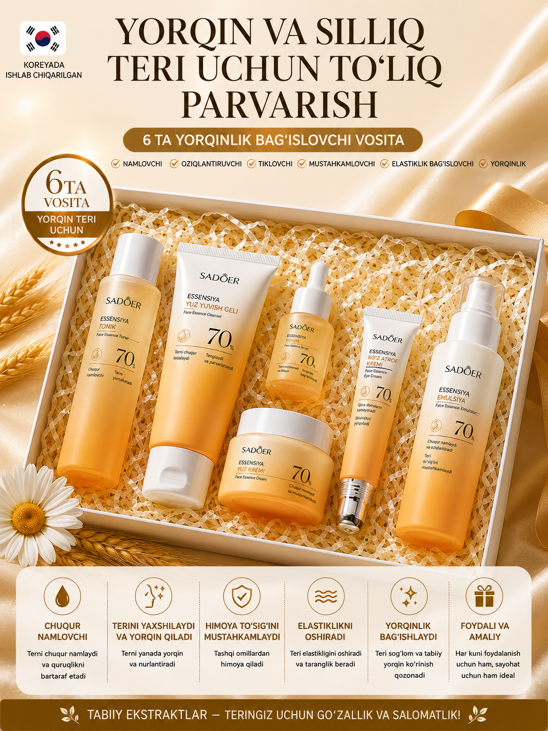 Kosmetikalar nabor, 6 lik: gel, toner, sarum, emulsiya, krem — namlaydi, mustahkamlaydi, porlaydi - 