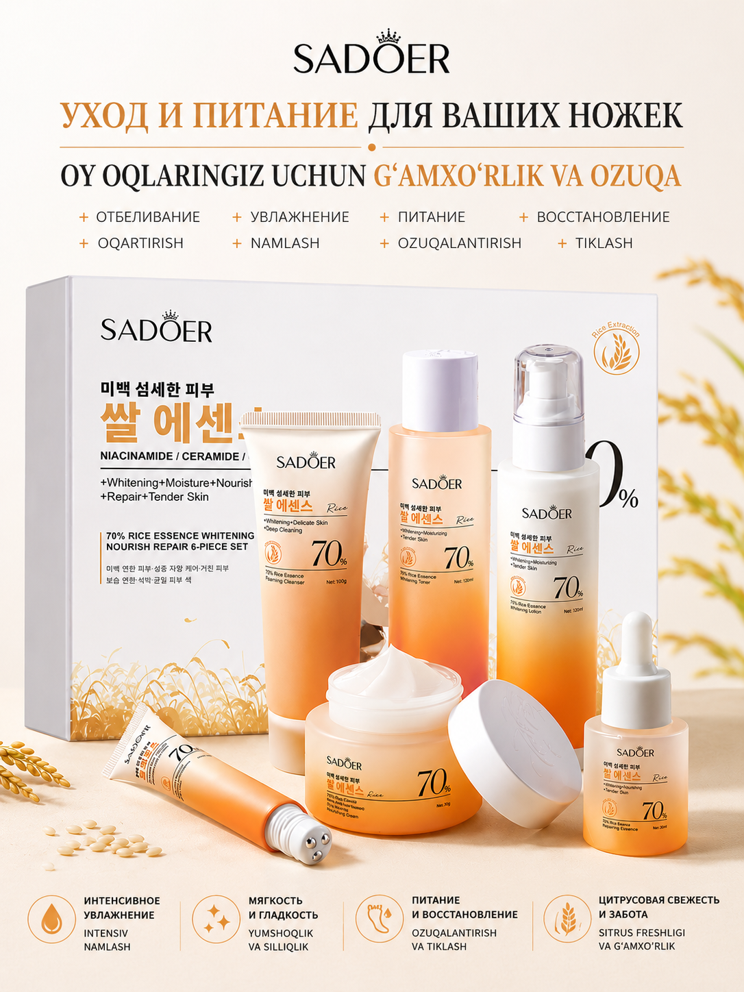 Kosmetikalar nabor, 6 lik: gel, toner, sarum, emulsiya, krem — namlaydi, mustahkamlaydi, porlaydi