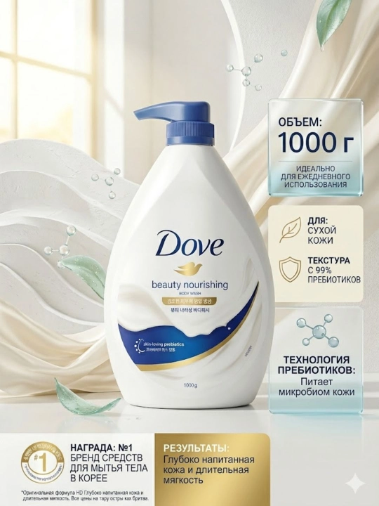 Гель для душа Dove Body Wash, 1000 г, увлажняющий для чувствительной и сухой кожи