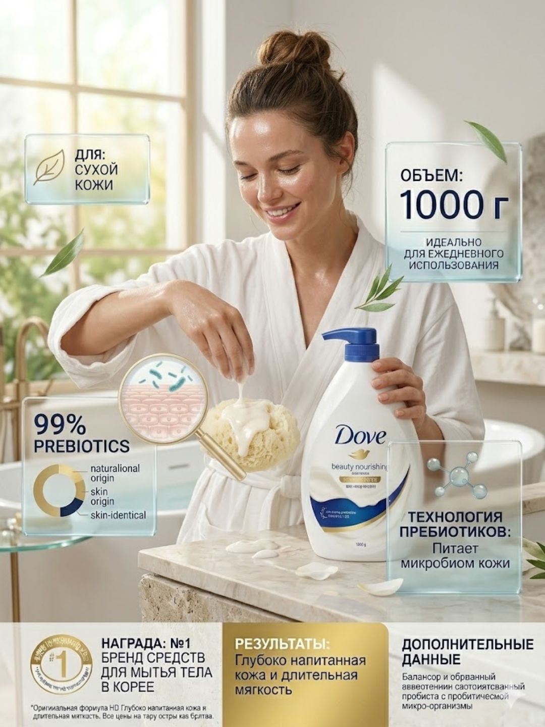 Dush geli Dove body wash, 1000 g, namlantiruvchi sezgir va quruq teri uchun - 