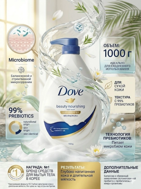Гель для душа Dove Body Wash, 1000 г, увлажняющий для чувствительной и сухой кожи