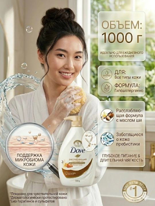 Dush geli Dove body wash, 1000 g, namlantiruvchi sezgir va quruq teri uchun - 