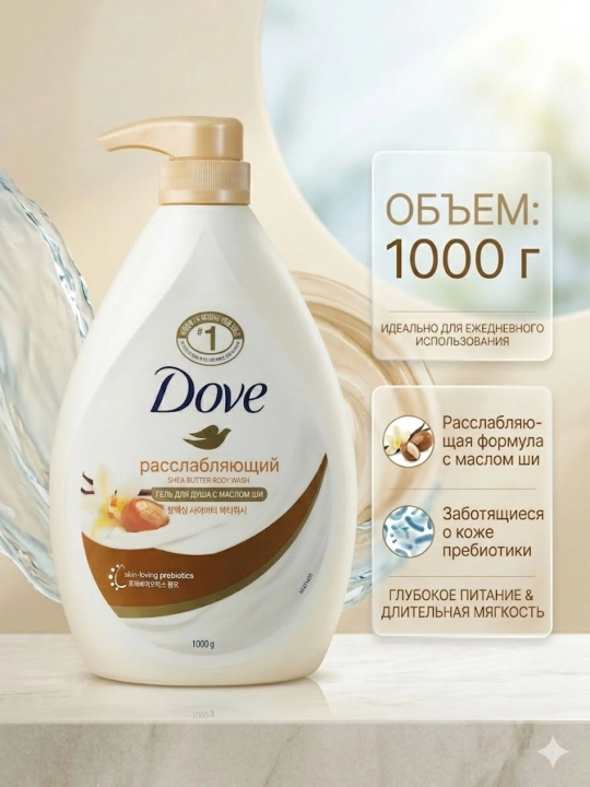 Гель для душа Dove Body Wash, 1000 г, увлажняющий для чувствительной и сухой кожи