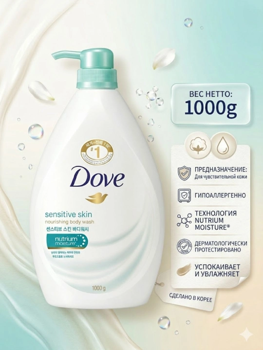 Гель для душа Dove Body Wash, 1000 г, увлажняющий для чувствительной и сухой кожи