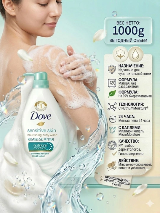 Dush geli Dove body wash, 1000 g, namlantiruvchi sezgir va quruq teri uchun - 