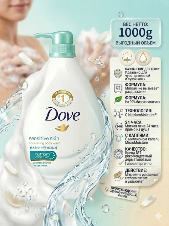 Гель для душа Dove Body Wash, 1000 г, увлажняющий для чувствительной и сухой кожи