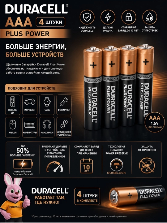 Батарейка Duracell Маленький AAA, 4 шт - 