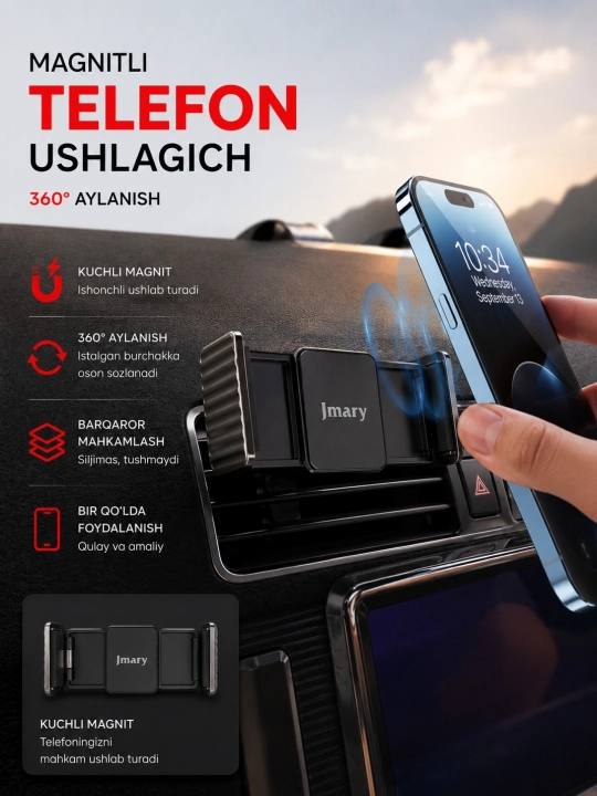 Jmary magnitli telefon ushlagich – 360° aylanuvchi avto holder