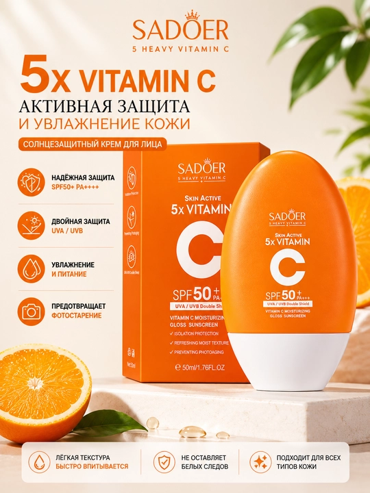 5x Vitamin C SPF50+ PA++++ quyoshdan himoyalovchi namlovchi va yumshatuvchi spf krem, 50ml