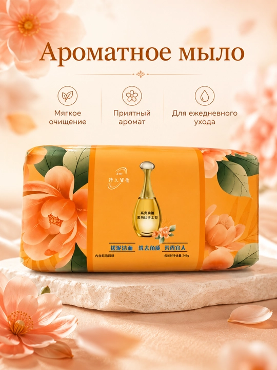 Ароматное мыло ручной работы — с пенящейся сеточкой очищающее 248г 