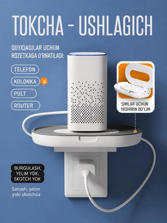 Rozetka ushlagichi-javon. Router, telefon, kolonka, pult uchun devorga o'rnatiladigan javon