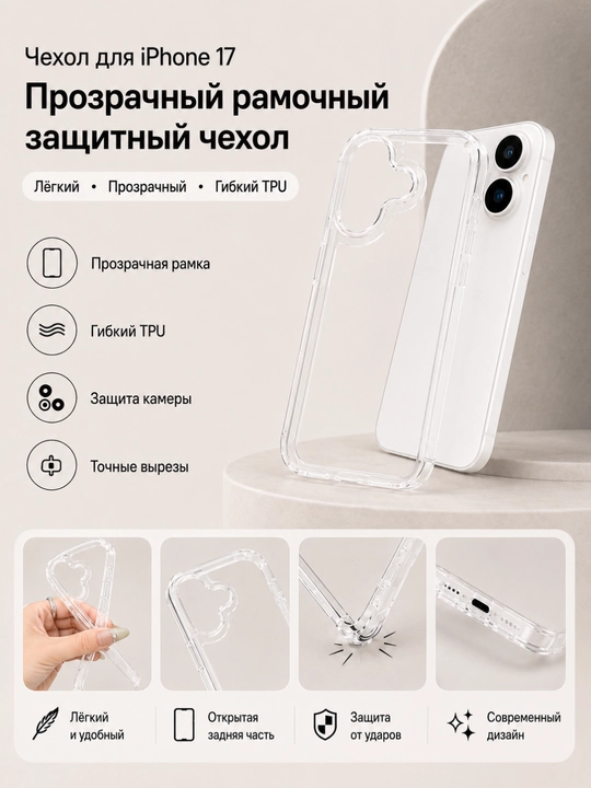 IPhone 17 shaffof g'ilof, ramkali himoya chexol, kameraga vyrez - 