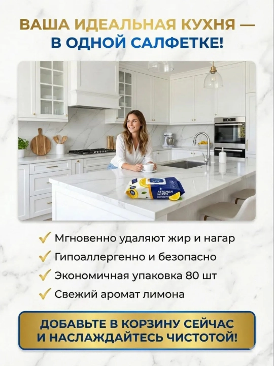 Кухонные влажные салфетки антижир Kitchen Wipes— жирорастворяющие, аромат лимона