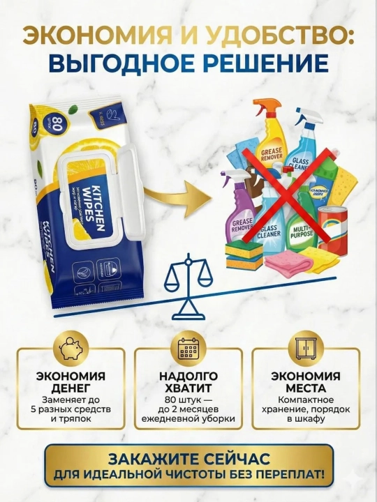 Кухонные влажные салфетки антижир Kitchen Wipes— жирорастворяющие, аромат лимона