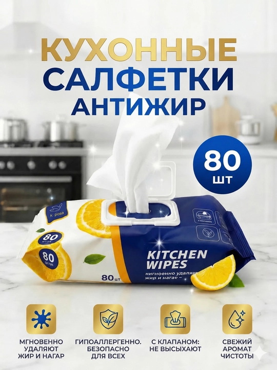 Кухонные влажные салфетки антижир Kitchen Wipes— жирорастворяющие, аромат лимона