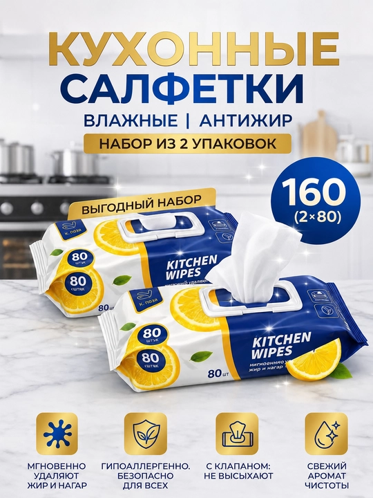 Кухонные влажные салфетки антижир Kitchen Wipes— жирорастворяющие, аромат лимона