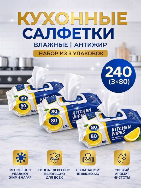 Кухонные влажные салфетки антижир Kitchen Wipes— жирорастворяющие, аромат лимона