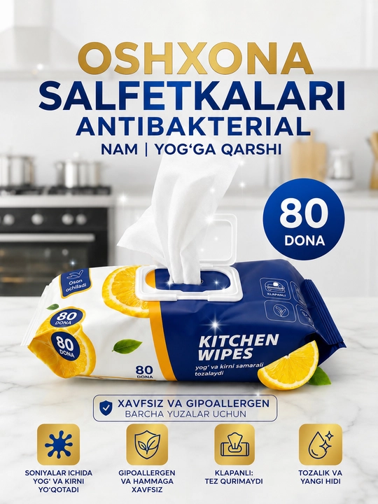 Кухонные влажные салфетки антижир Kitchen Wipes— жирорастворяющие, аромат лимона