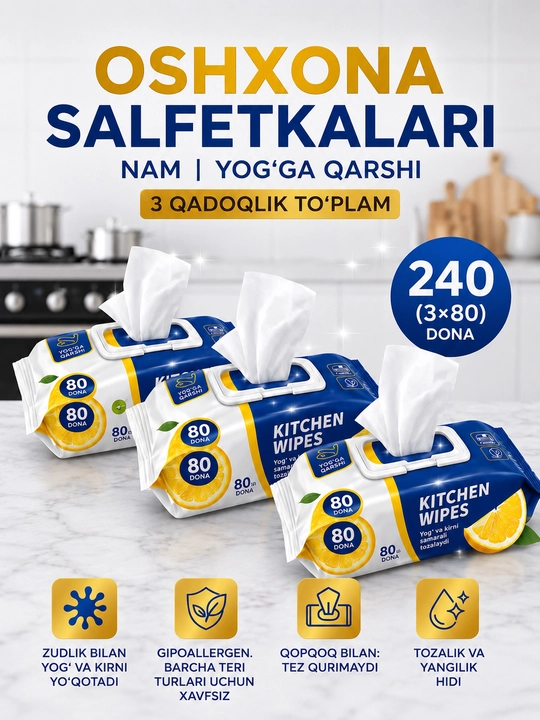 Кухонные влажные салфетки антижир Kitchen Wipes— жирорастворяющие, аромат лимона