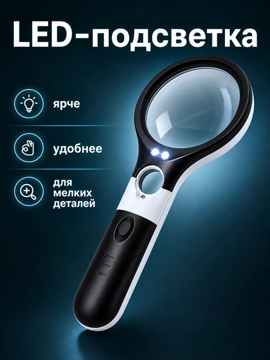 Лупа ручная с LED-подсветкой 3X для чтения, монет и украшений