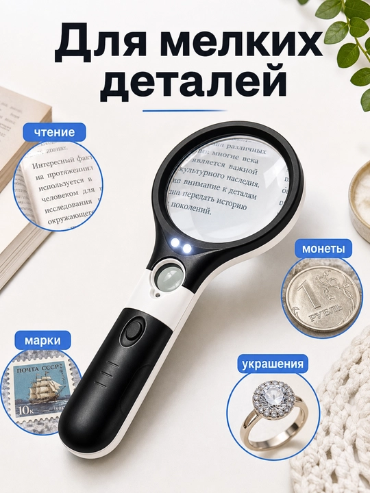 Лупа ручная с LED-подсветкой 3X для чтения, монет и украшений