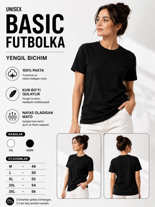 Ayollar va erkaklar uchun futbolka oversize 100% paxta oq/qora M-3XL