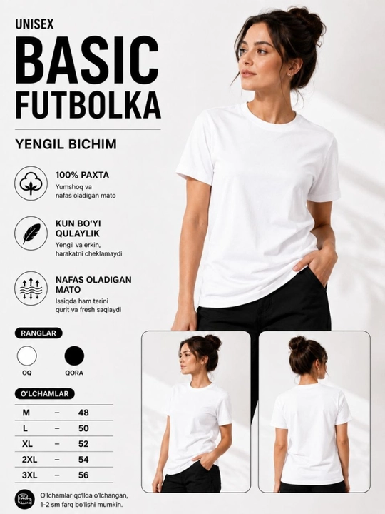 Ayollar va erkaklar uchun futbolka oversize 100% paxta oq/qora M-3XL