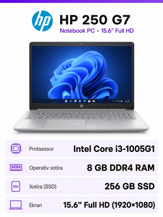 Noutbuk HP 250 G7 Intel Core i3-1005G1 8GB RAM 256GB SSD 15.6" Full HD Windows noutbuk - 