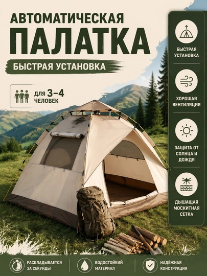 Палатка туристическая автоматическая для кемпинга и пикника, 3–4 места