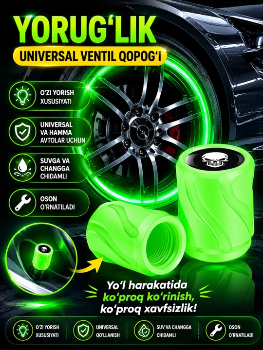 Avtomobil g‘ildiragi uchun fosforli qopqoqlar – tungi yorituvchi dekor, 4 dona to‘plam - 